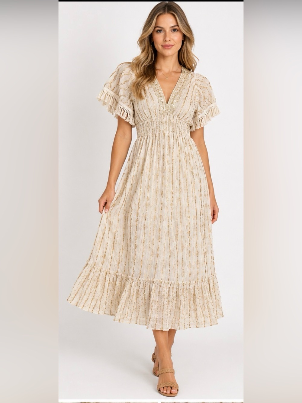 Cream Gold Metallic Boho Midi Dress Fringe Sequin Size M